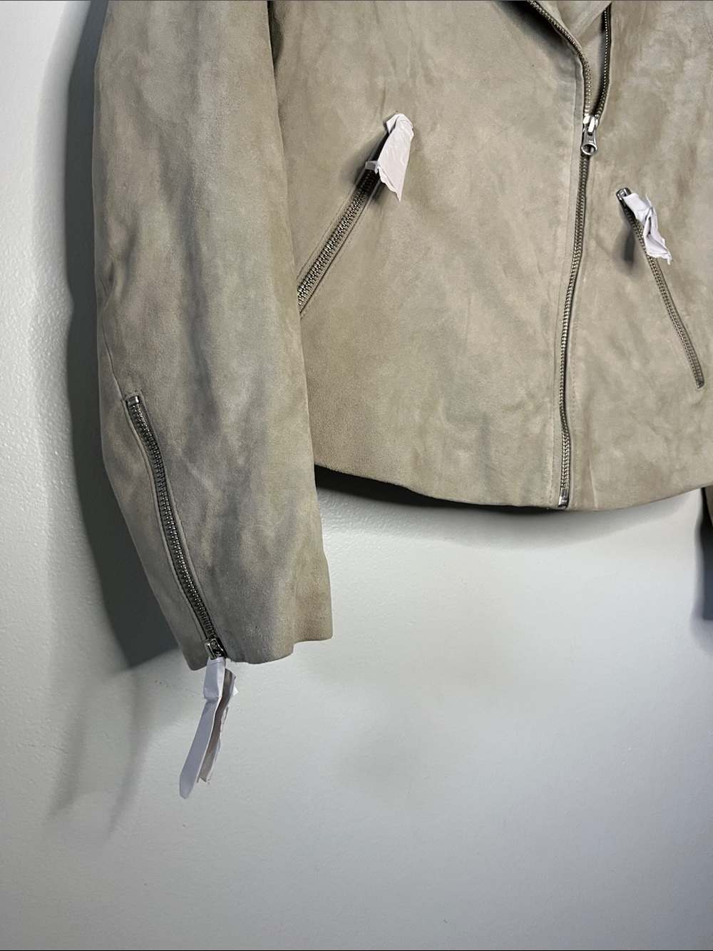 Quince Suade goat Leather Jacket small grey sand biker side zip jacket - Picture 4 of 13
